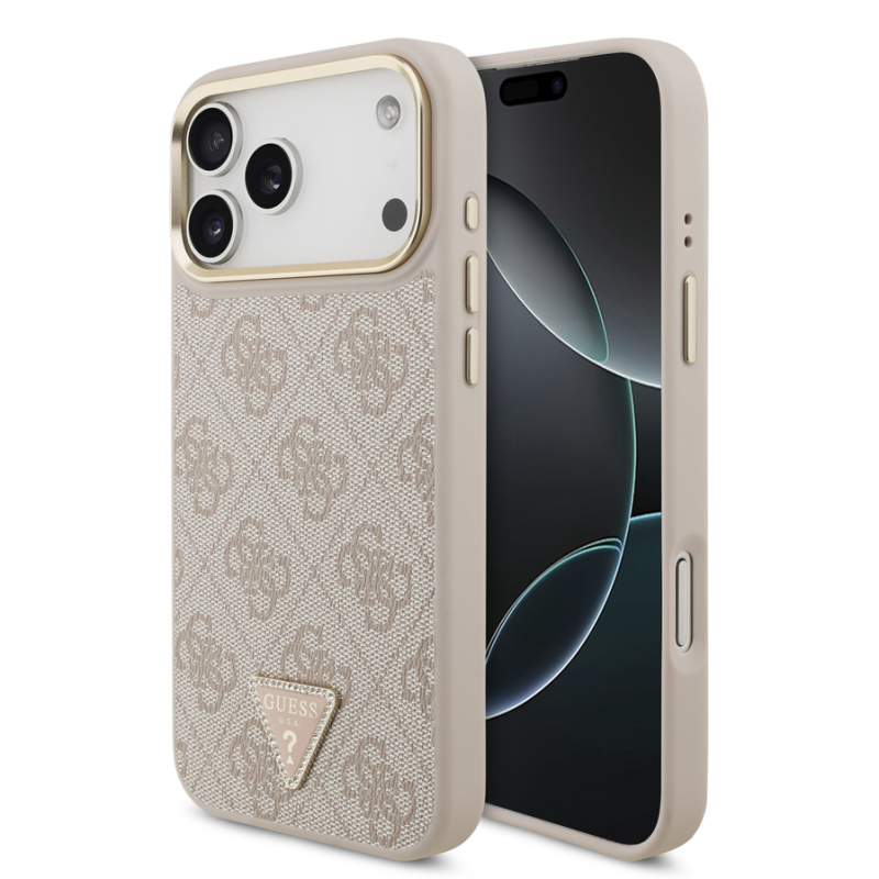 Guess PU Leather 4G Strass Triangle Logo Gold Frame MagSafe Case for iPhone 18 Pro Max Pink