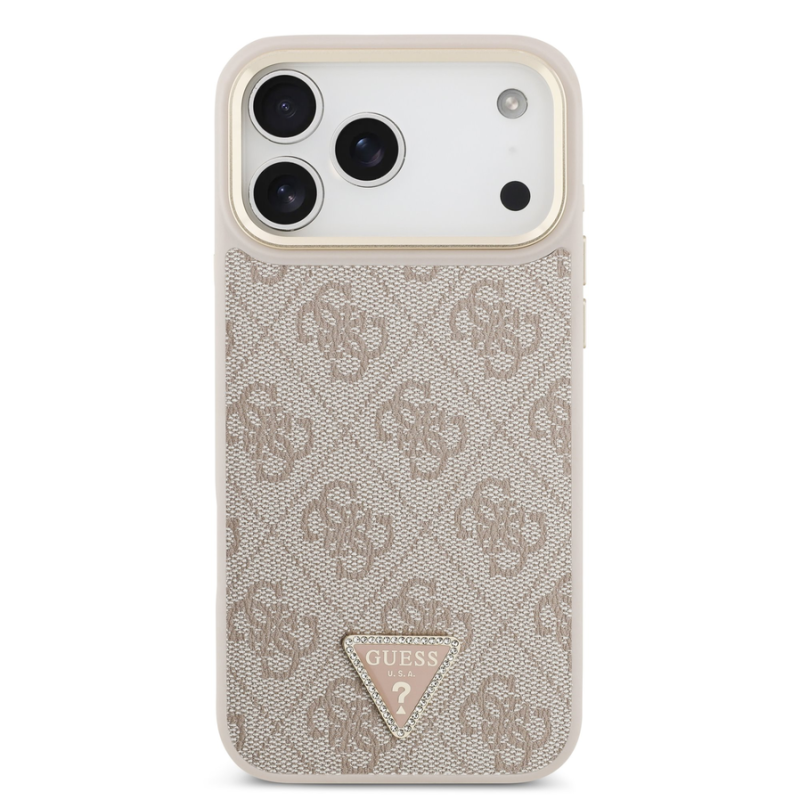 Guess PU Leather 4G Strass Triangle Logo Gold Frame MagSafe Case for iPhone 18 Pro Max Pink