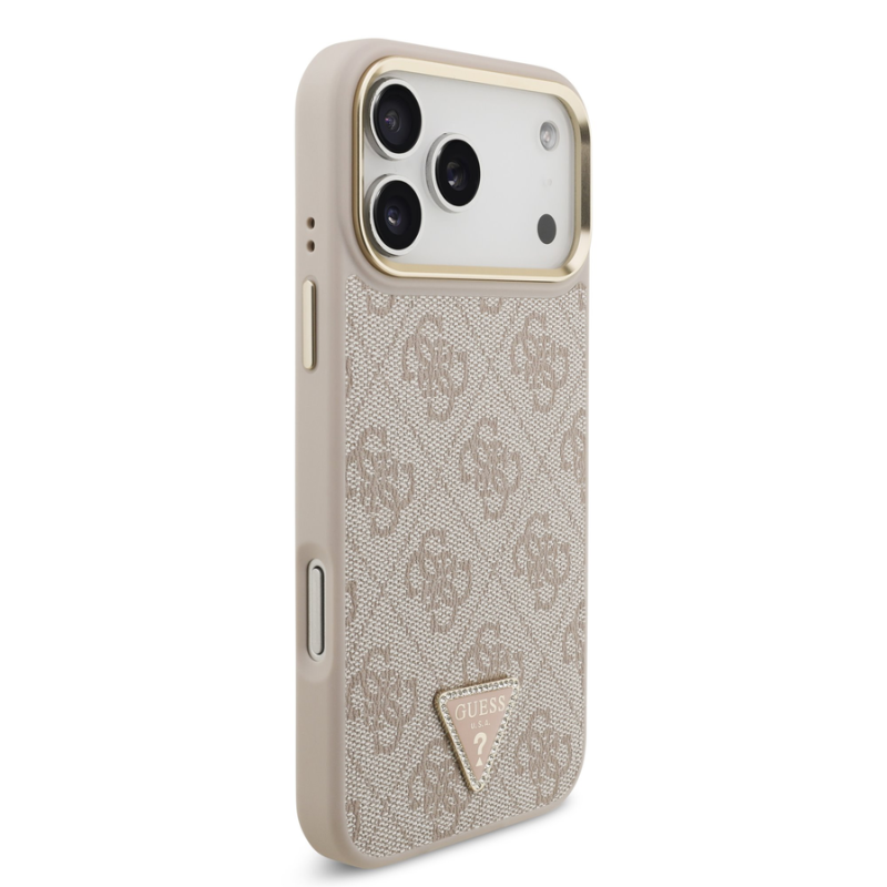 Guess PU Leather 4G Strass Triangle Logo Gold Frame MagSafe Case for iPhone 18 Pro Max Pink