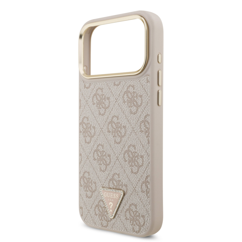 Guess PU Leather 4G Strass Triangle Logo Gold Frame MagSafe Case for iPhone 18 Pro Max Pink