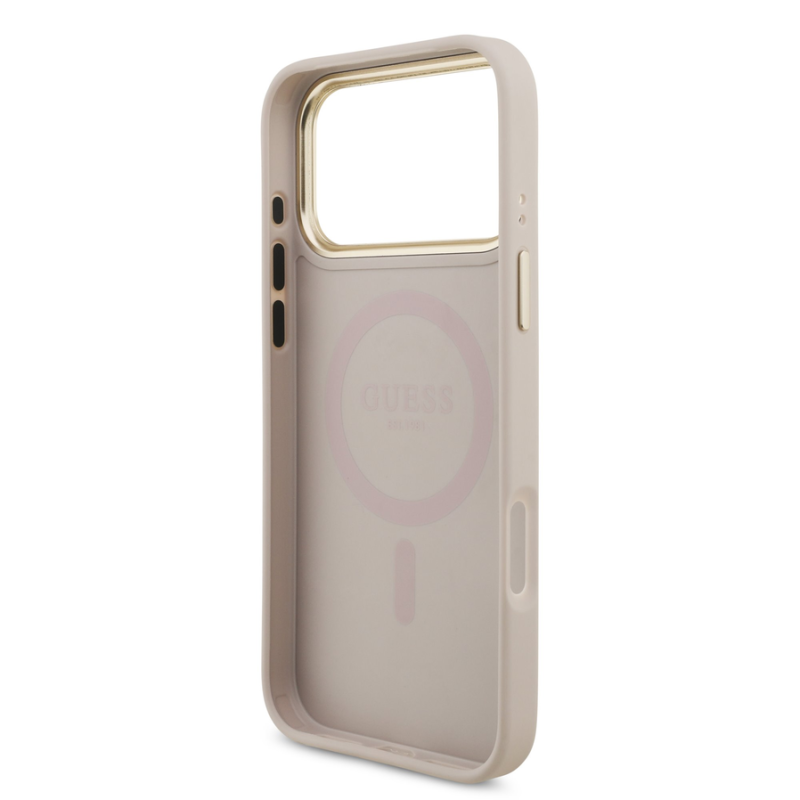 Guess PU Leather 4G Strass Triangle Logo Gold Frame MagSafe Case for iPhone 18 Pro Max Pink