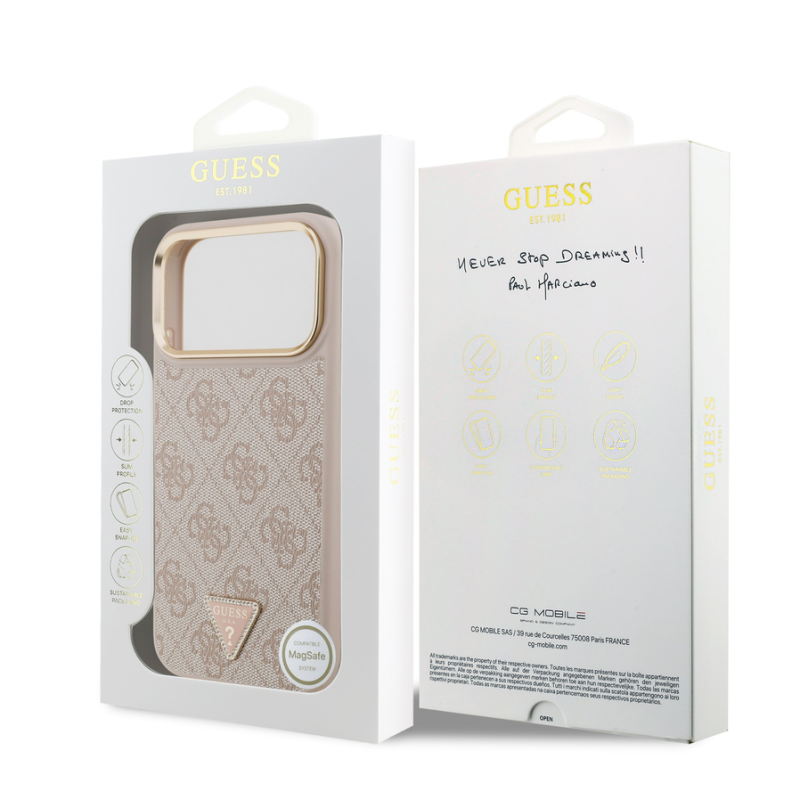 Guess PU Leather 4G Strass Triangle Logo Gold Frame MagSafe Case for iPhone 18 Pro Max Pink