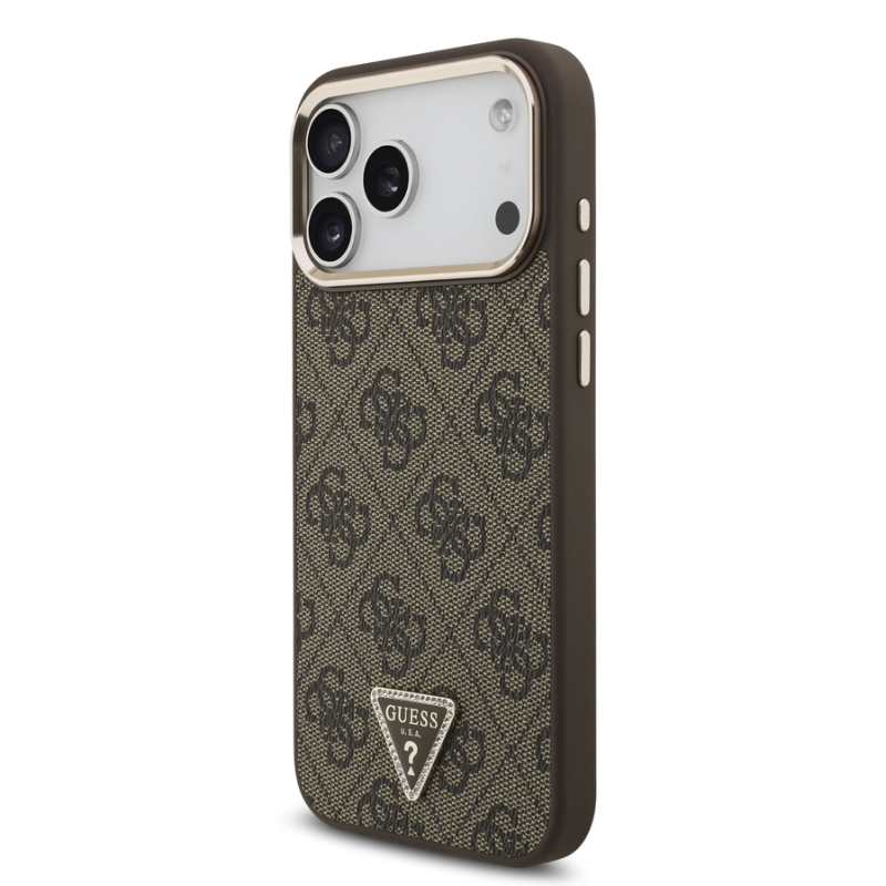 Guess PU Leather 4G Strass Triangle Logo Gold Frame MagSafe Case for iPhone 18 Pro Max Brown