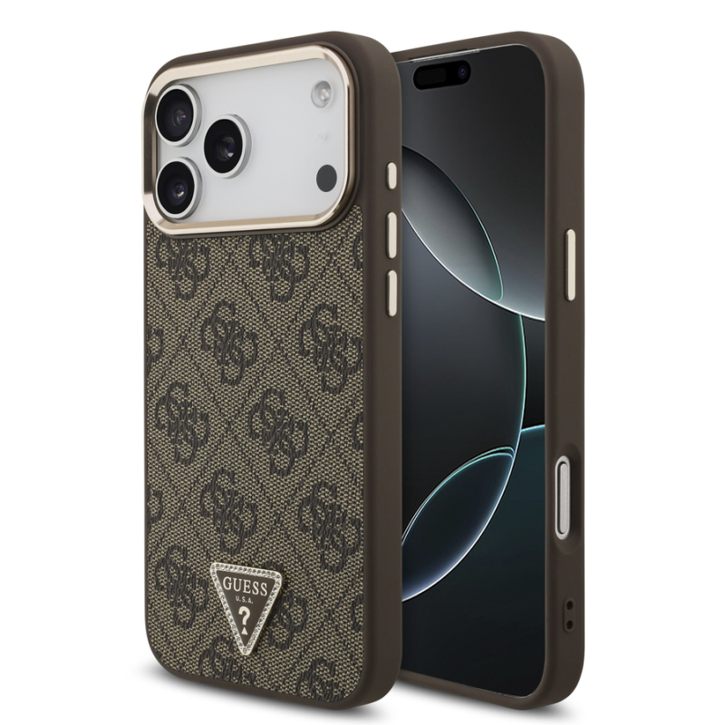 Guess PU Leather 4G Strass Triangle Logo Gold Frame MagSafe Case for iPhone 18 Pro Max Brown