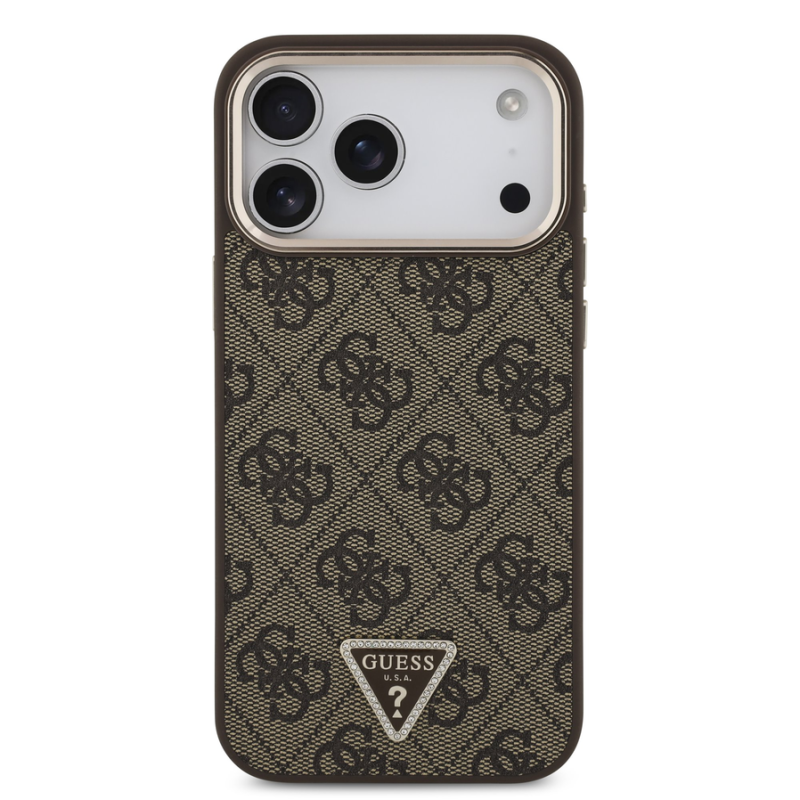 Guess PU Leather 4G Strass Triangle Logo Gold Frame MagSafe Case for iPhone 18 Pro Max Brown
