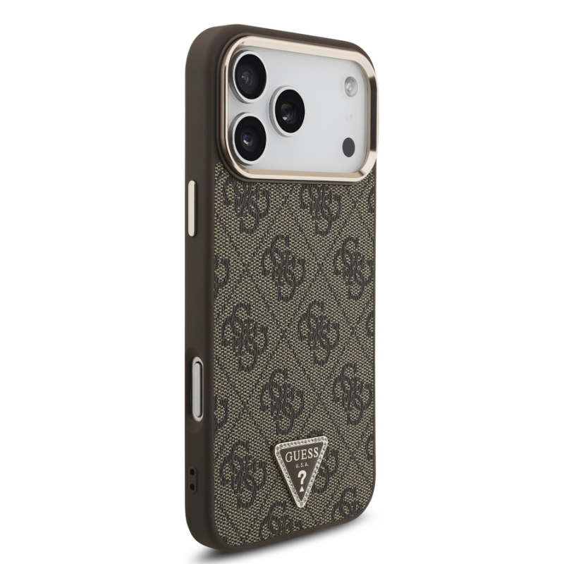 Guess PU Leather 4G Strass Triangle Logo Gold Frame MagSafe Case for iPhone 18 Pro Max Brown