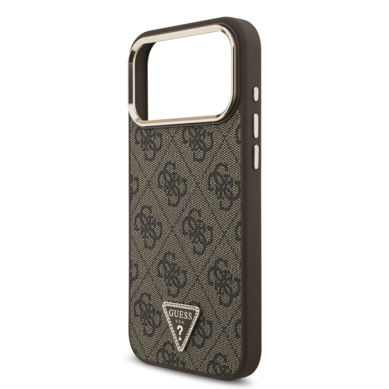 Guess PU Leather 4G Strass Triangle Logo Gold Frame MagSafe Case for iPhone 18 Pro Max Brown