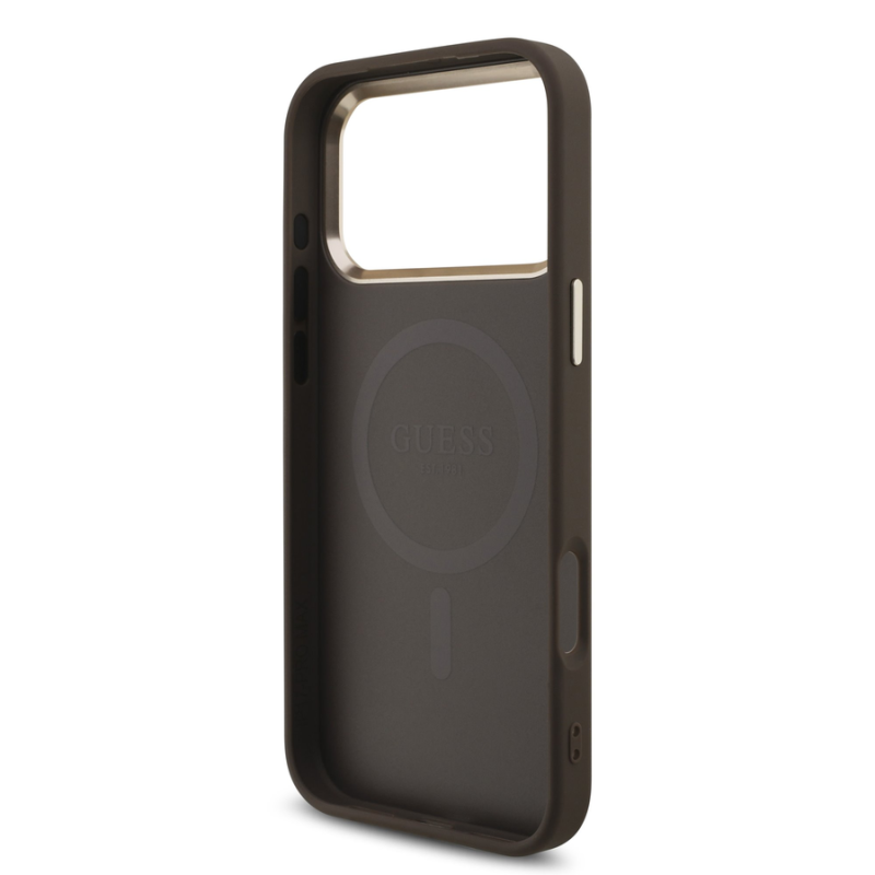 Guess PU Leather 4G Strass Triangle Logo Gold Frame MagSafe Case for iPhone 18 Pro Max Brown
