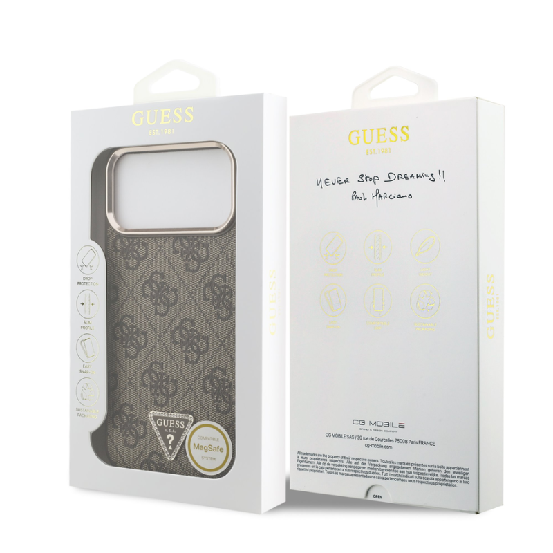 Guess PU Leather 4G Strass Triangle Logo Gold Frame MagSafe Case for iPhone 18 Pro Max Brown