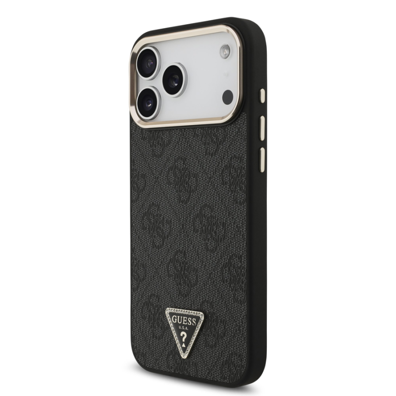 Guess PU Leather 4G Strass Triangle Logo Gold Frame MagSafe Case for iPhone 18 Pro Max Black