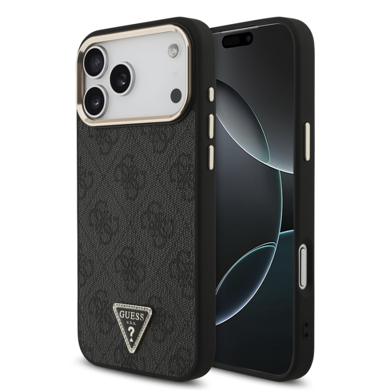 Guess PU Leather 4G Strass Triangle Logo Gold Frame MagSafe Case for iPhone 18 Pro Max Black
