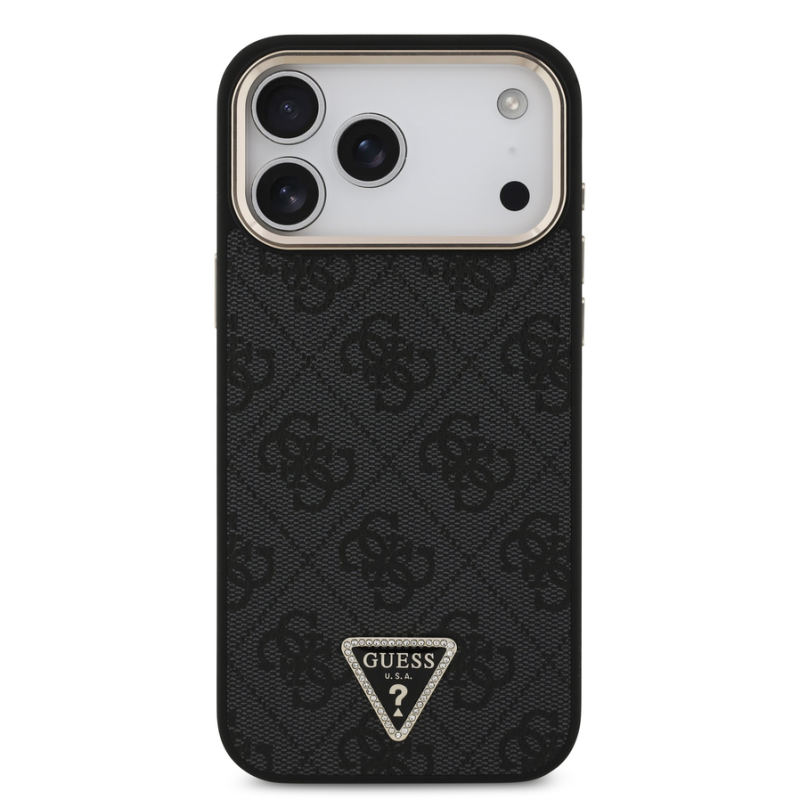 Guess PU Leather 4G Strass Triangle Logo Gold Frame MagSafe Case for iPhone 18 Pro Max Black