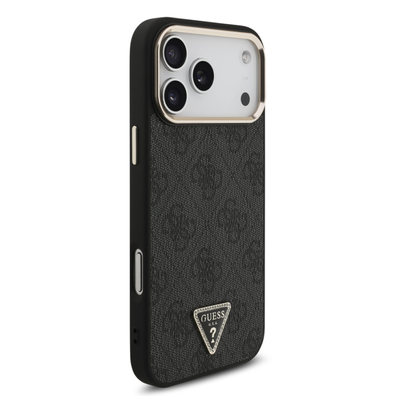 Guess PU Leather 4G Strass Triangle Logo Gold Frame MagSafe Case for iPhone 18 Pro Max Black