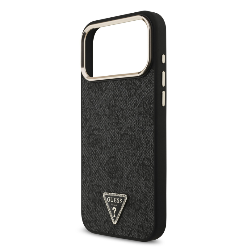 Guess PU Leather 4G Strass Triangle Logo Gold Frame MagSafe Case for iPhone 18 Pro Max Black