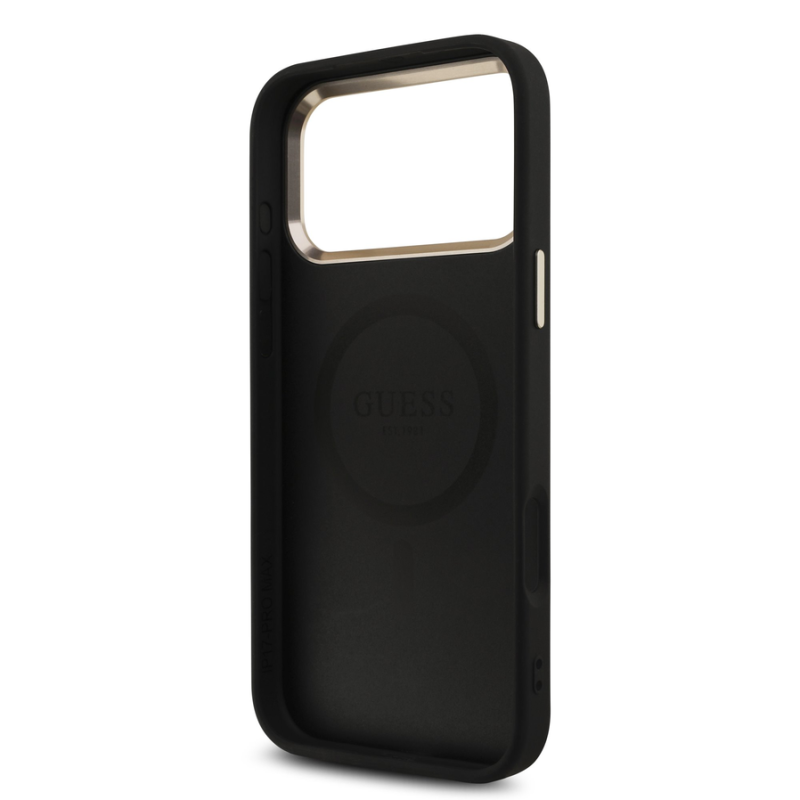 Guess PU Leather 4G Strass Triangle Logo Gold Frame MagSafe Case for iPhone 18 Pro Max Black