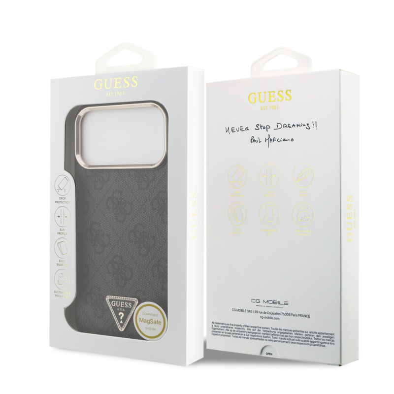 Guess PU Leather 4G Strass Triangle Logo Gold Frame MagSafe Case for iPhone 18 Pro Max Black