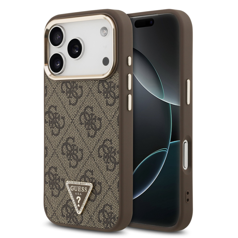 Guess PU Leather 4G Strass Triangle Logo Gold Frame MagSafe Case for iPhone 18 Pro Brown