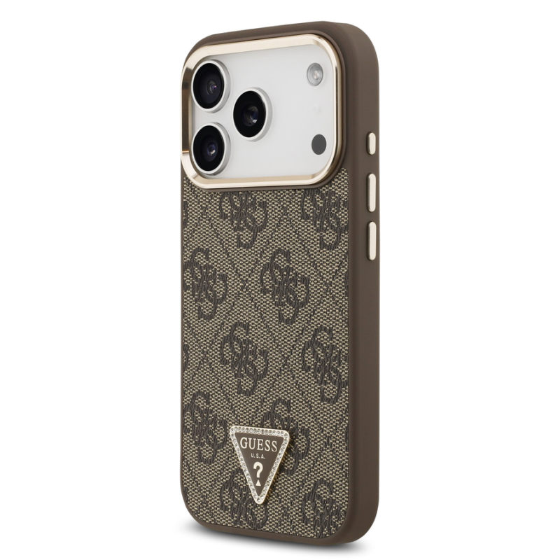 Guess PU Leather 4G Strass Triangle Logo Gold Frame MagSafe Case for iPhone 18 Pro Brown