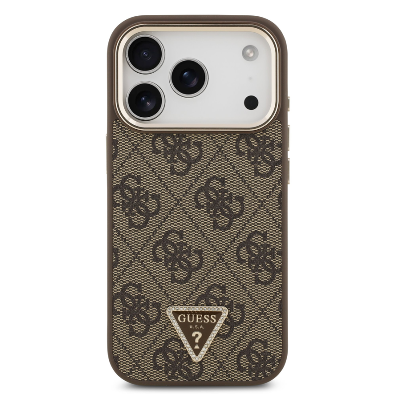 Guess PU Leather 4G Strass Triangle Logo Gold Frame MagSafe Case for iPhone 18 Pro Brown
