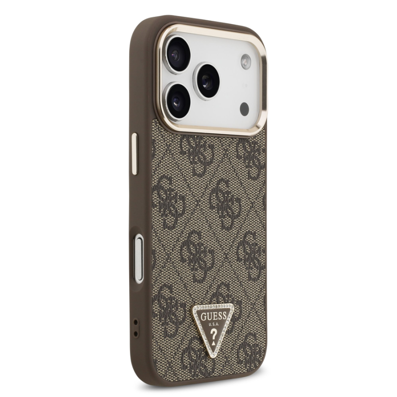 Guess PU Leather 4G Strass Triangle Logo Gold Frame MagSafe Case for iPhone 18 Pro Brown