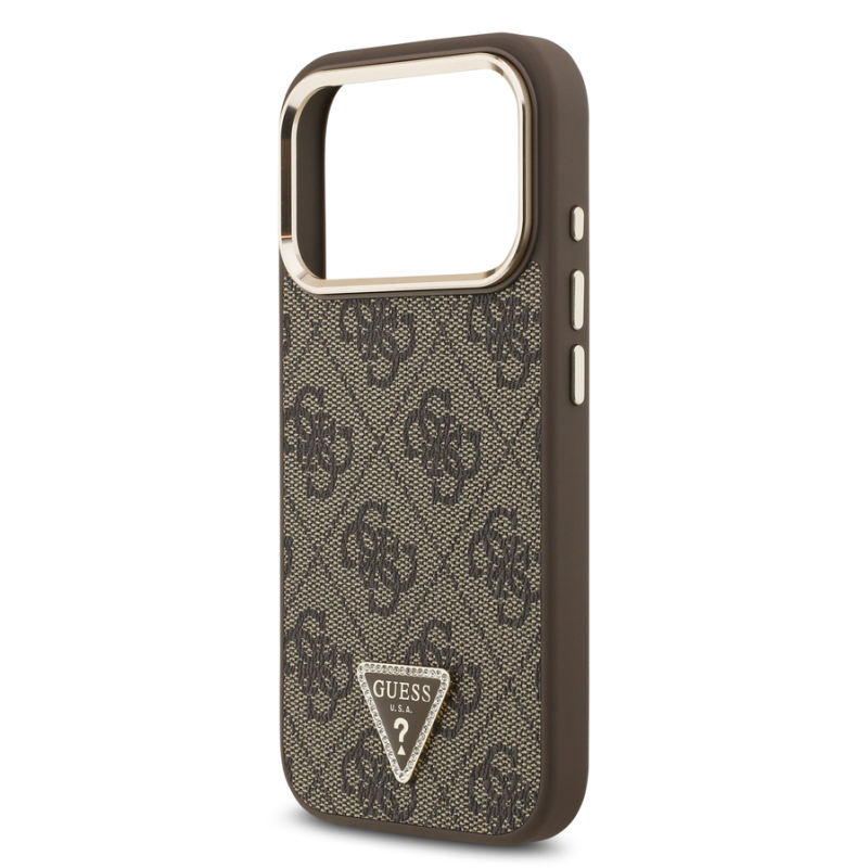 Guess PU Leather 4G Strass Triangle Logo Gold Frame MagSafe Case for iPhone 18 Pro Brown