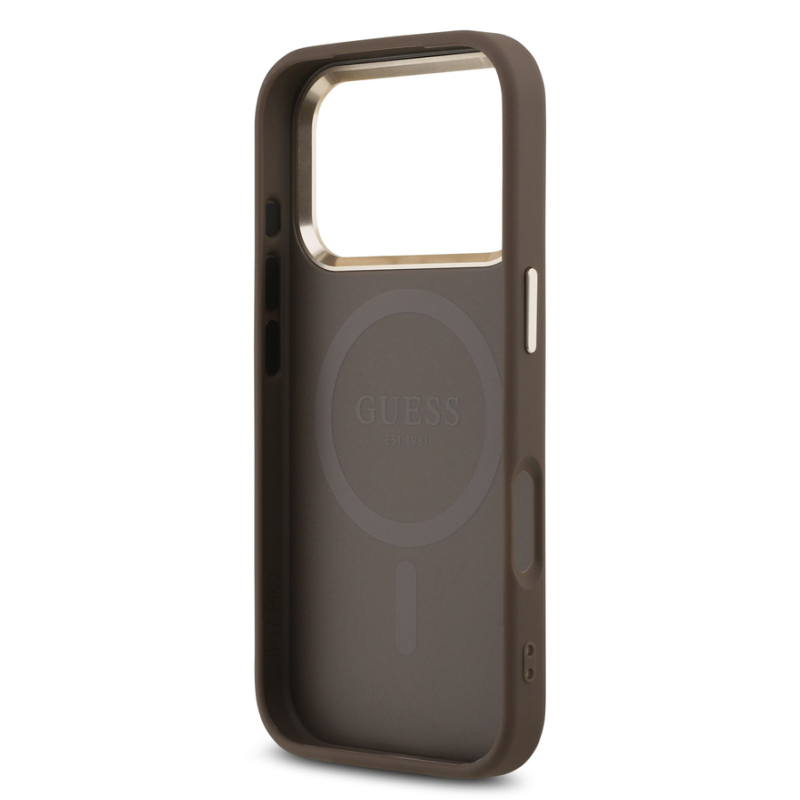 Guess PU Leather 4G Strass Triangle Logo Gold Frame MagSafe Case for iPhone 18 Pro Brown
