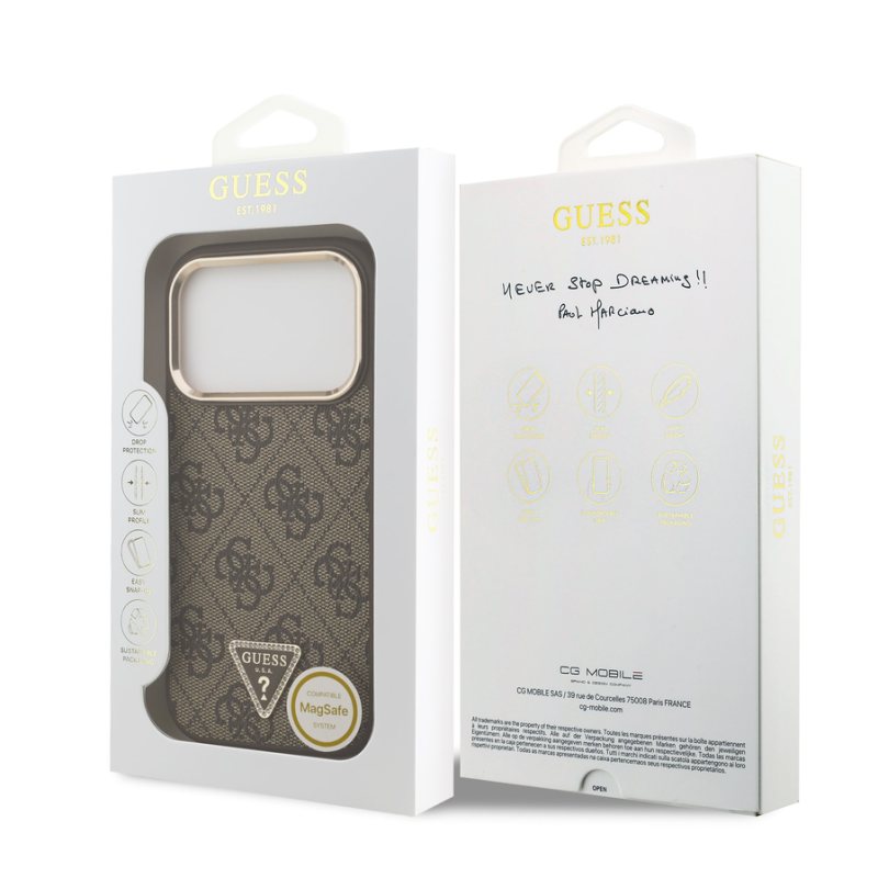 Guess PU Leather 4G Strass Triangle Logo Gold Frame MagSafe Case for iPhone 18 Pro Brown
