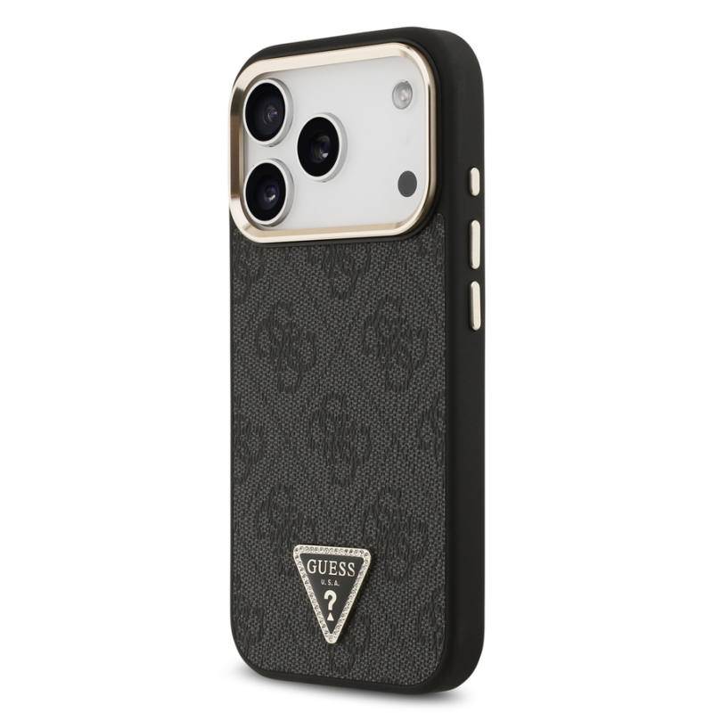 Guess PU Leather 4G Strass Triangle Logo Gold Frame MagSafe Case for iPhone 18 Pro Black