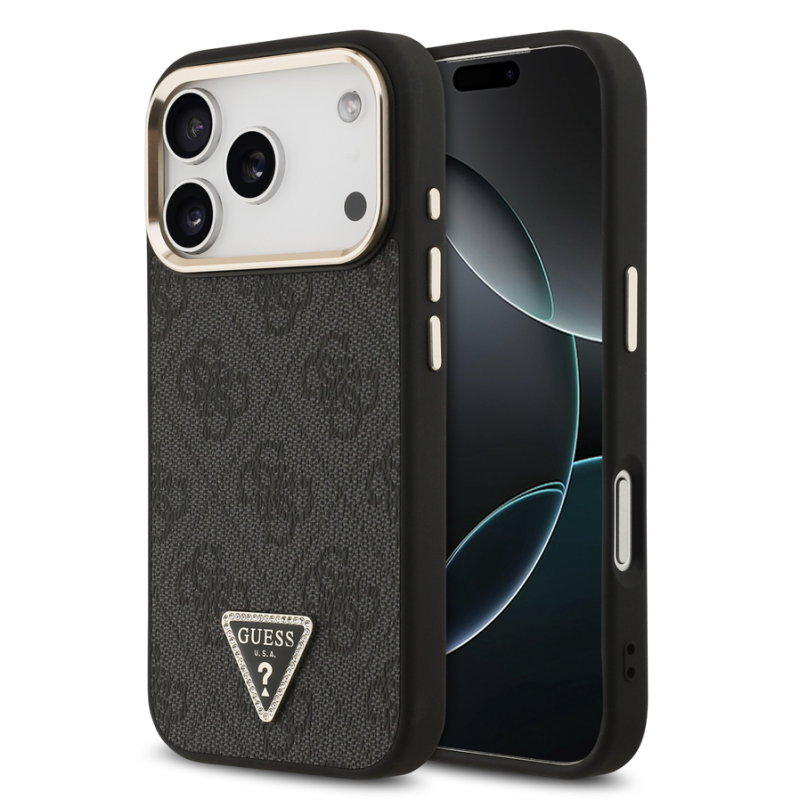 Guess PU Leather 4G Strass Triangle Logo Gold Frame MagSafe Case for iPhone 18 Pro Black