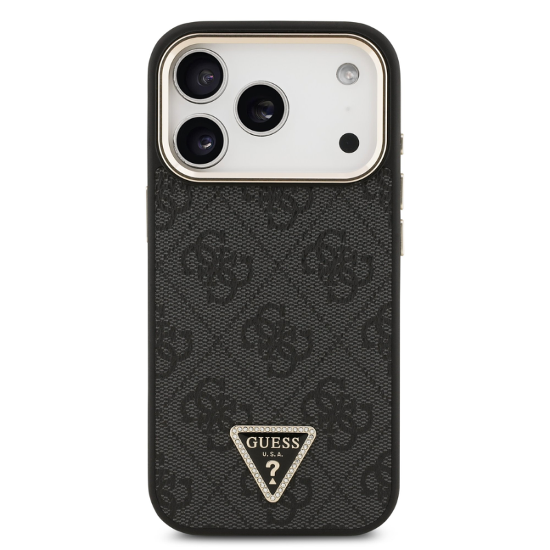 Guess PU Leather 4G Strass Triangle Logo Gold Frame MagSafe Case for iPhone 18 Pro Black