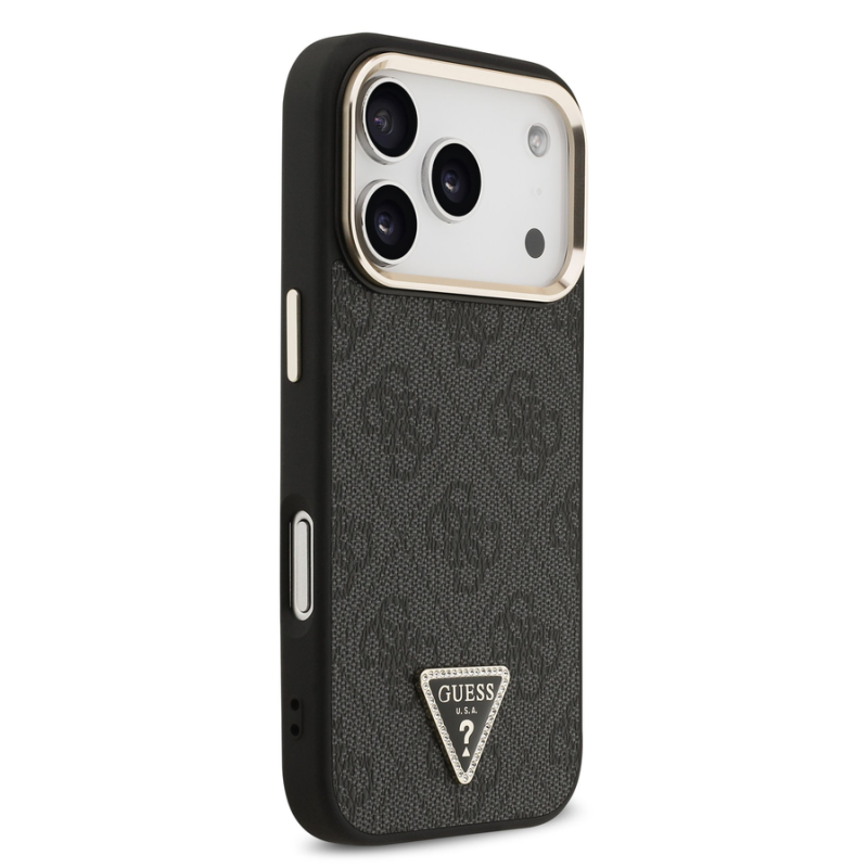 Guess PU Leather 4G Strass Triangle Logo Gold Frame MagSafe Case for iPhone 18 Pro Black