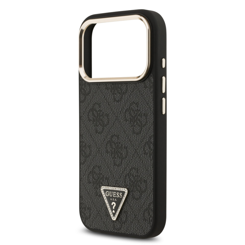 Guess PU Leather 4G Strass Triangle Logo Gold Frame MagSafe Case for iPhone 18 Pro Black