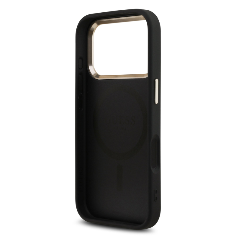 Guess PU Leather 4G Strass Triangle Logo Gold Frame MagSafe Case for iPhone 18 Pro Black