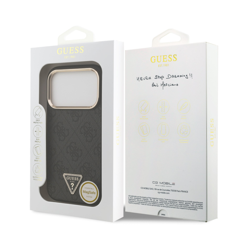 Guess PU Leather 4G Strass Triangle Logo Gold Frame MagSafe Case for iPhone 18 Pro Black