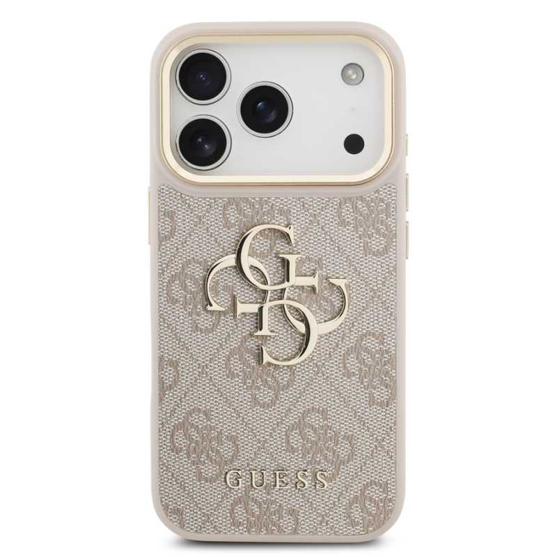 Guess PU Leather 4G Metal Logo Gold Frame Case for iPhone 18 Pro Pink