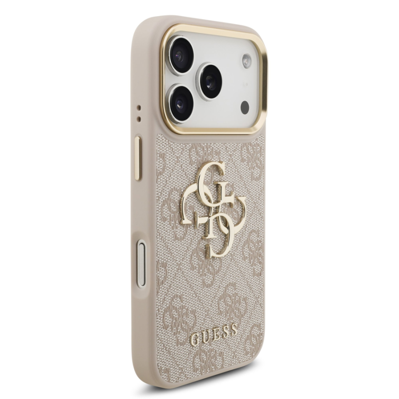 Guess PU Leather 4G Metal Logo Gold Frame Case for iPhone 18 Pro Pink