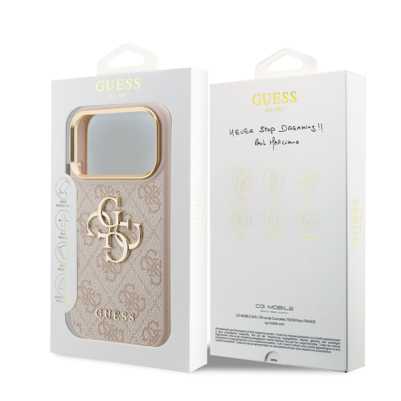Guess PU Leather 4G Metal Logo Gold Frame Case for iPhone 18 Pro Pink