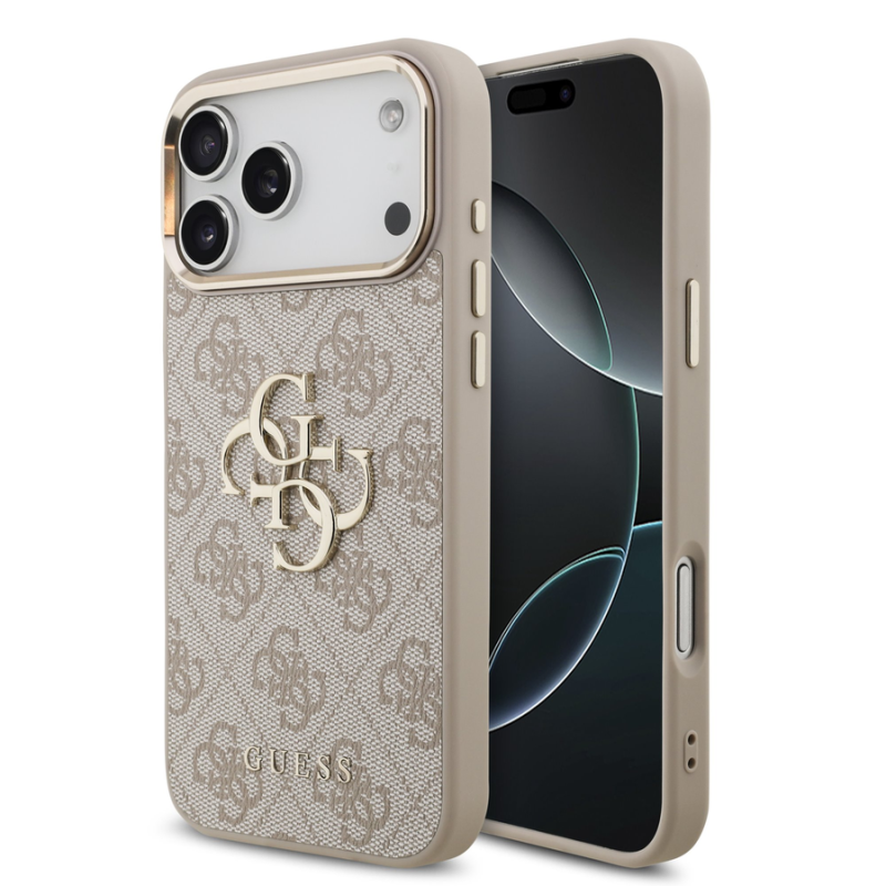 Guess PU Leather 4G Metal Logo Gold Frame Case for iPhone 18 Pro Max Pink