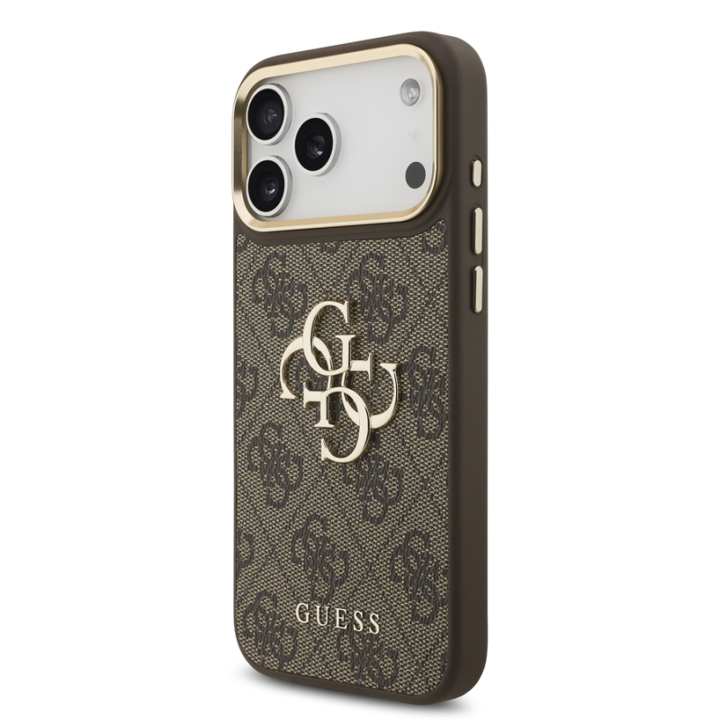 Guess PU Leather 4G Metal Logo Gold Frame Case for iPhone 18 Pro Max Brown