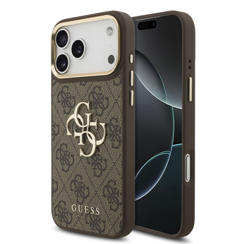 Guess PU Leather 4G Metal Logo Gold Frame Case for iPhone 18 Pro Max Brown