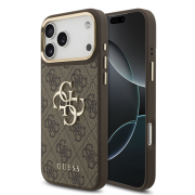 Guess PU Leather 4G Metal Logo Gold Frame Case for iPhone 18 Pro Max Brown
