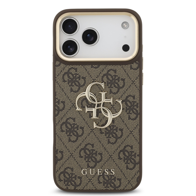 Guess PU Leather 4G Metal Logo Gold Frame Case for iPhone 18 Pro Max Brown