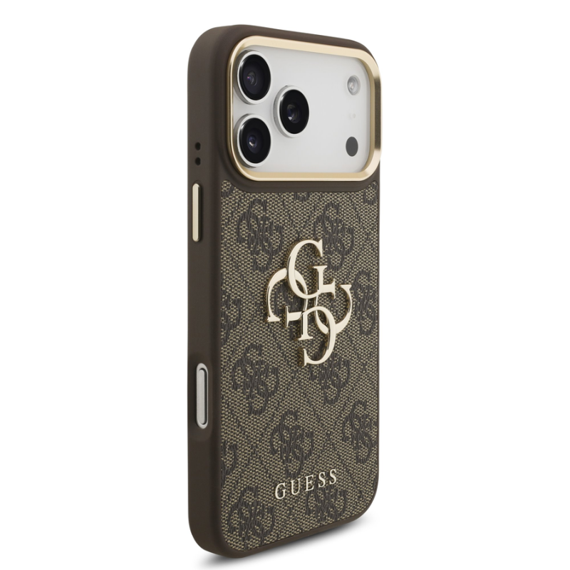 Guess PU Leather 4G Metal Logo Gold Frame Case for iPhone 18 Pro Max Brown