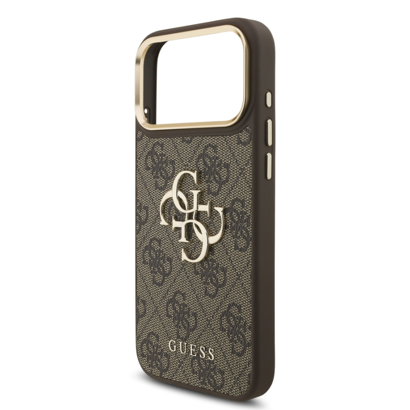 Guess PU Leather 4G Metal Logo Gold Frame Case for iPhone 18 Pro Max Brown