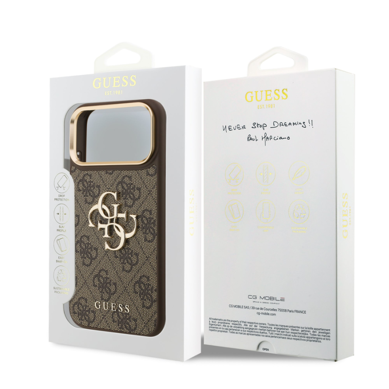 Guess PU Leather 4G Metal Logo Gold Frame Case for iPhone 18 Pro Max Brown
