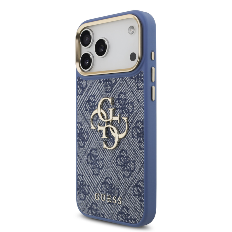 Guess PU Leather 4G Metal Logo Gold Frame Case for iPhone 18 Pro Max Blue