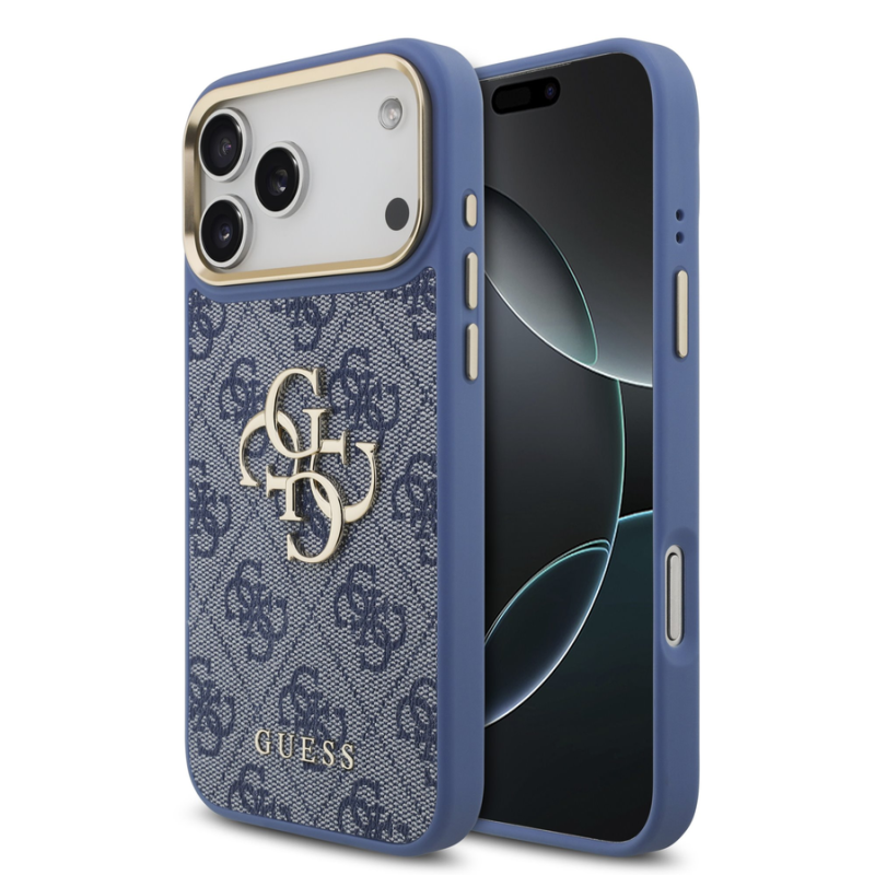 Guess PU Leather 4G Metal Logo Gold Frame Case for iPhone 18 Pro Max Blue