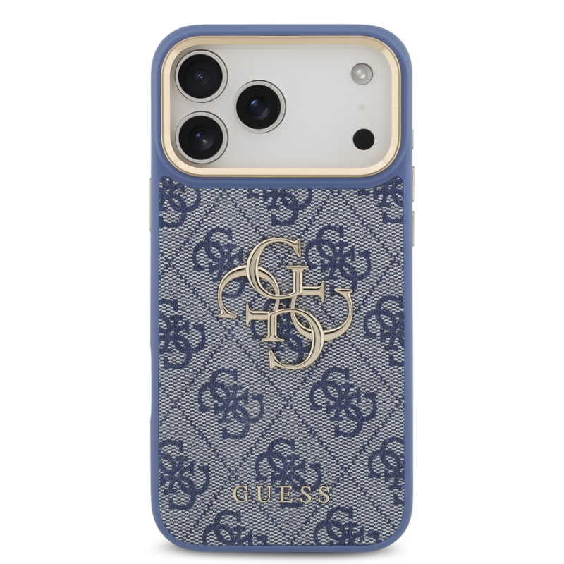 Guess PU Leather 4G Metal Logo Gold Frame Case for iPhone 18 Pro Max Blue
