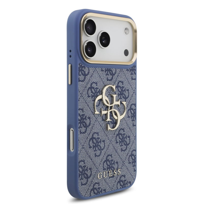 Guess PU Leather 4G Metal Logo Gold Frame Case for iPhone 18 Pro Max Blue
