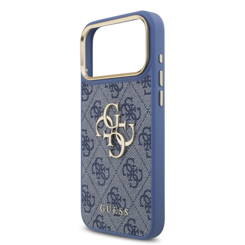 Guess PU Leather 4G Metal Logo Gold Frame Case for iPhone 18 Pro Max Blue